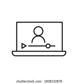 Icono de lección en línea. Símbolo de entrenamiento de vídeo. Icono de vector lineal. Persona hablando en pantalla.