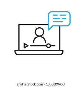 Online lesson icon. Video training symbol. Linear vector icon. Person talking in screen.