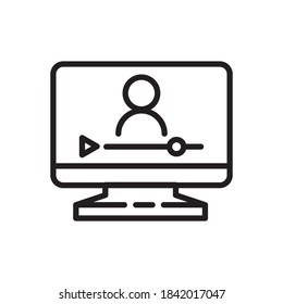Icono de lección en línea. Símbolo de entrenamiento de vídeo. Icono de vector lineal. Persona hablando en pantalla.