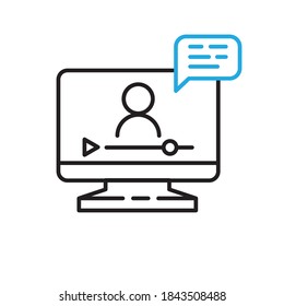 Icono de lección en línea. Símbolo de entrenamiento de vídeo. Icono de vector lineal. Persona hablando en pantalla.