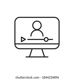 Symbol für Online-Unterricht. Bildübungssymbol. Lineares Vektorsymbol. Person, die auf dem Bildschirm spricht.
