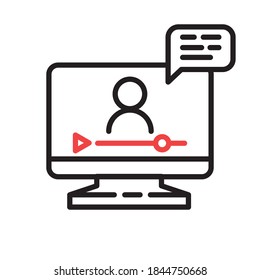 Online lesson icon. Video training symbol. Linear vector icon. Person talking in screen.