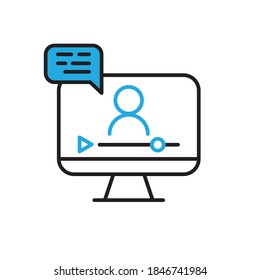 Online lesson icon. Video training symbol. Linear vector icon. Person talking in screen.