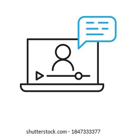 Online lesson icon. Video training symbol. Linear vector icon. Person talking in screen.