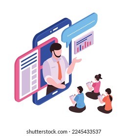 Online lesson isometric icon with people watching video tutorial 3d vector illustration
