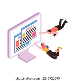 Online lesson isometric icon with people studying on computer 3d vector illustration