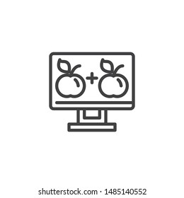 Online lesson learning line icon. linear style sign for mobile concept and web design. Computer display with apples outline vector icon. e-learning symbol, logo illustration. Vector graphics