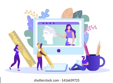 Online Lesson on Art and Drawing. Distance Learning. Lesson Online. E-Learning. Art Training. New Technologies. Vector Illustration.Teacher on Monitor Screen. Masterclass. Study Art.