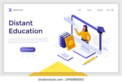 Online lesson on computer, textbooks, e-book and pencil. Teacher explaining material via internet cartoon character for landing page. Distant education concept isometric vector illustration