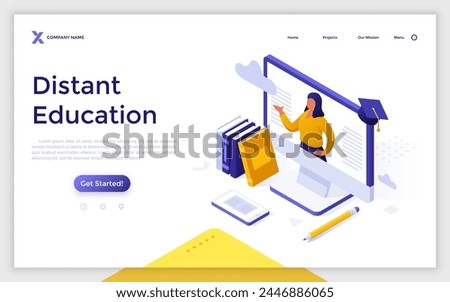 Online lesson on computer, textbooks, e-book and pencil. Teacher explaining material via internet cartoon character for landing page. Distant education concept isometric vector illustration