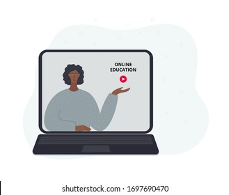 Online lesson on laptop computer monitor. Simple flat people female school teacher character vector illustration cartoon style. Distance learning course education class concept scene.