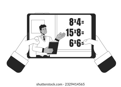 Online lesson on tablet flat line concept vector spot illustration. Teacher teaching math near blackboard 2D cartoon flat line monochromatic character for web UI designimage