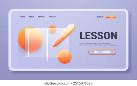 Página inicial horizontal do serviço de lições online. Modelo de estilo de morfismo de vidro