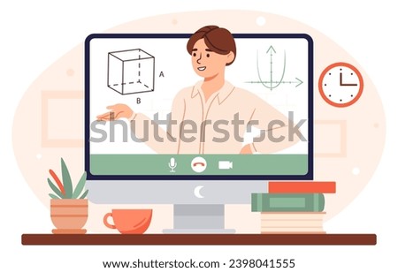 Online lesson for students. Teacher give lecture through computer monitor. Distant education. Learning and studying on internet. Math lesson, geometry. Cartoon flat vector illustration