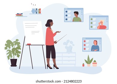 Online Lesson In Virtual Class With Teacher And Students Vector Illustration. Cartoon Girl And Boy Using Zoom App For Learning, Woman Holding Pointer. Distance Education, Teleconference Concept