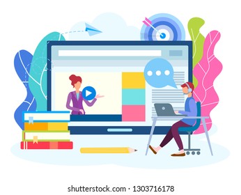 Online lesson, webinar, seminar, courses on the Internet. A young man engaged online with a teacher. Vector illustration for social media marketing.