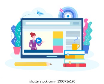 Online lesson, webinar, seminar, courses on the Internet. A young teacher conducts a lesson online. Vector illustration for social media marketing.