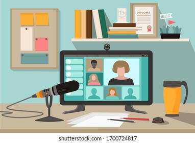 Online lesson, webinar, seminar, courses on the Internet. A young woman engaged online with a teacher. Vector illustration for social media marketing.