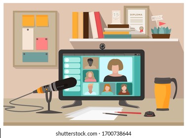 Online lesson, webinar, seminar, courses on the Internet. A young woman engaged online with a teacher. Vector illustration for social media marketing.