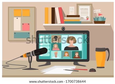 Online lesson, webinar, seminar, courses on the Internet. A young woman engaged online with a teacher. Vector illustration for social media marketing.