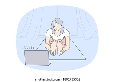 Online lesson, yoga, pilates concept. Young happy woman cartoon character exercising and practicing yoga and meditation on fitness mat at home with laptop and distant lesson on screen 