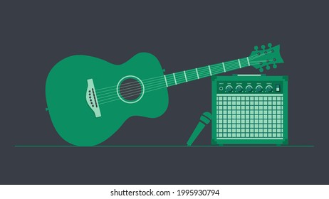 Online lessons acoustic guitar banner. Music education vector illustration.