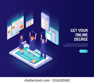Online lessons color background with funny people in magistracy hats standing on phone screen with diploma caption isometric vector illustration