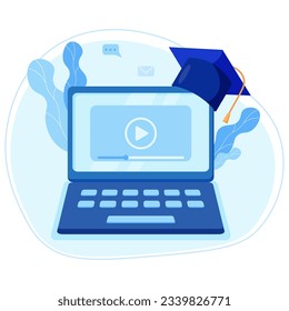 Online lessons concept on laptop screen for e-learning course, webinar and online education on desktop, vector flat illustration