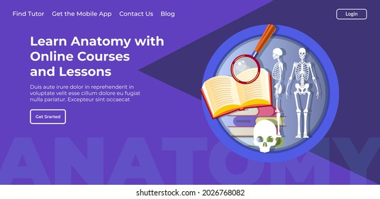 Online lessons and courses on anatomy discipline. Classes with info for students and pupils, school or medical university classes subject. Website or webpage template, landing page flat vector