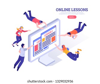Online lessons design concept with small people flying around big pc screen with app for distance study isometric vector illustration