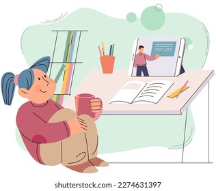 Online lessons, distance education. Video course, conference, web seminar, internet class. Student receives knowledge remotely, studies at home, girl watching lessons on tablet pc, mobile school