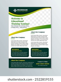 Online Kurse Flyer und Poster. Ein Beispiel für Schlagzeilen ist willkommen bei einem Seminar zur Erziehung und Ausbildung. vertikales Layout mit Platz für Foto. mehrfarbiges grünes Farbverlaufselement.