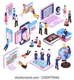 Online lessons isometric set of studying people using pc tablet and smartphone isolated vector illustration