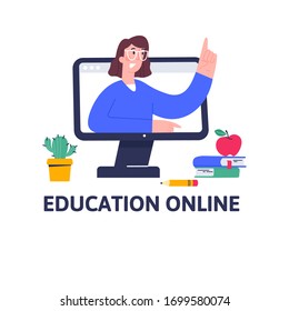 Online lessons for pupils or students. Video course, distance education, web seminar, internet class, personal teacher service with female mentor. Vector flat characters in trendy style