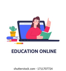 Online lessons for pupils or students. Video course, distance education, web seminar, internet class, personal teacher service with female mentor. Vector flat characters in trendy style