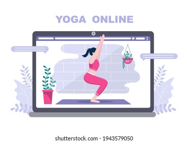 Online-Unterricht, Yoga- und Meditationskurse durch Videos, Live-Streaming, Internet-Unterricht auf Ihrem Laptop oder Telefon zu Hause. Vektorgrafik