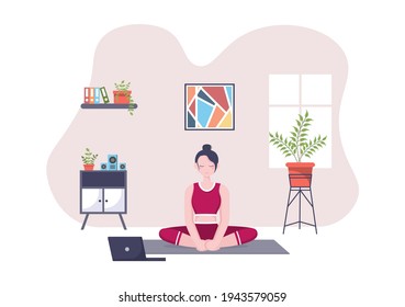 Online Lessons, Yoga and Meditation Classes By Watching Videos, Live Streaming, Internet Education On Your Laptop Or Phone At Home. Vector Illustration
