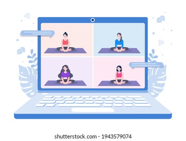 Online Lessons, Yoga and Meditation Classes By Watching Videos, Live Streaming, Internet Education On Your Laptop Or Phone At Home. Vector Illustration