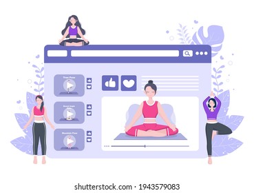 Online Lessons, Yoga and Meditation Classes By Watching Videos, Live Streaming, Internet Education On Your Laptop Or Phone At Home. Vector Illustration