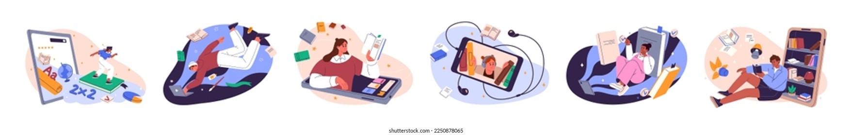 Online libraries, e-learning, internet education concept. People reading, studying electronic literature with phone app, laptop computer. Flat graphic vector illustrations isolated on white background