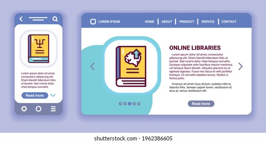Banner web de bibliotecas en línea y kit de aplicaciones móviles. Ilustración del vector de contorno.