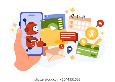 Online library with AI chatbot, virtual assistant for study and entertainment. Hand holding smartphone with cute robot on screen giving folder with media files, emails cartoon vector illustration