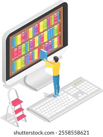 Online library allowing student to pick book from large bookshelf displayed on computer screen, offering convenient access to vast collection of knowledge and information