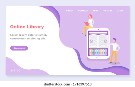 Online library app for learning of man and woman characters. Male and female using tablet wireless device with electronic book. Website or webpage template, landing page flat design style vector