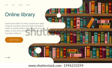 Online library app for reading, banner, website template. Electronic book store application on background with bookshelves, digital technologies in education. Vector graphic.