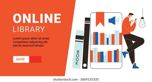 Online library app for reading horizontal banner with man holding smartphone with electronic book flat vector illustration