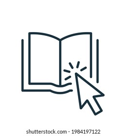 Icono de línea de la aplicación Biblioteca en línea. Puntero del ratón con libro electrónico abierto. Libro Electrónico para Educación y Aprendizaje. Elección y descarga del libro en línea. Trazo editable. Ilustración vectorial.