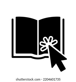 Online Library Application Silhouette Icon. Mouse Pointer with Open E-book. Electronic Book for Education and Learning. Choice and Download Online Book. Vector Isolated Illustration.