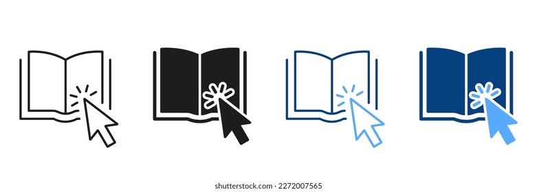 Online Library Application Silhouette and Line Icon Set. Mouse Pointer with Open E-book. Electronic Book for Education and Learning. Choice and Download Online Book. Isolated Vector Illustration.