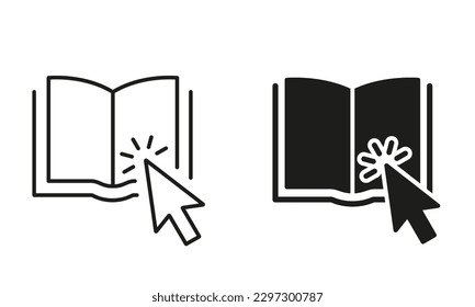 Online Library Application Silhouette and Line Icon Set. Mouse Pointer with Open E-book. Electronic Book for Education and Learning. Choice and Download Online Book. Isolated Vector Illustration.